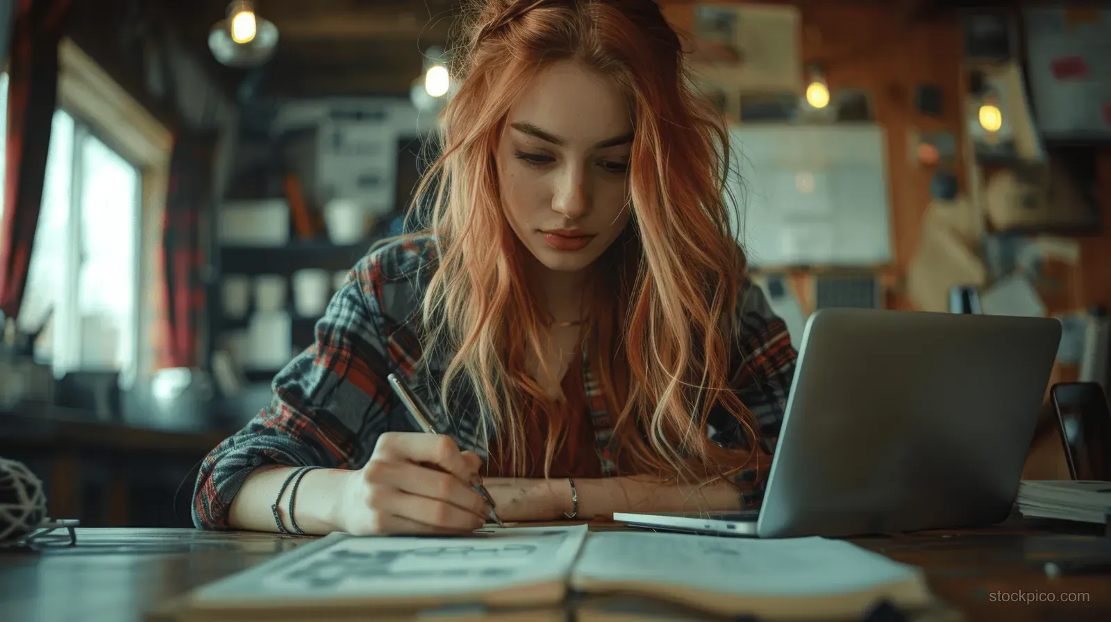 Young woman writes in a notebook while using a laptop and smartphone at a coffee shop table.