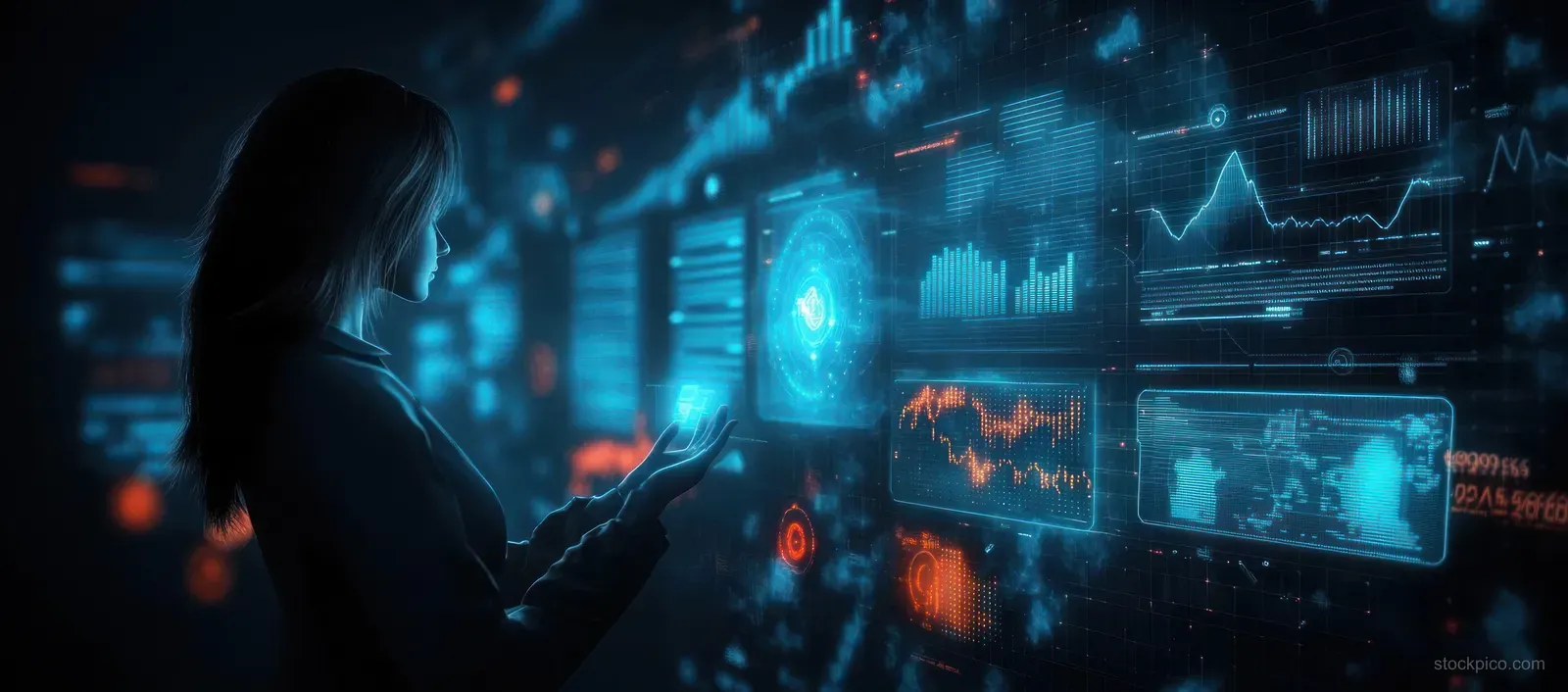 Cyberpunk business analyst woman studies glowing holographic charts and graphs on floating screens.