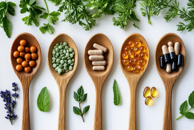 Assorted pills and capsules in five wooden spoons over fresh green herbs on a white surface.
