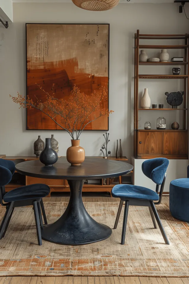 Minimalist dining room with a blue pedestal table, blue chairs, abstract painting on the wall, and wooden shelving nearby.