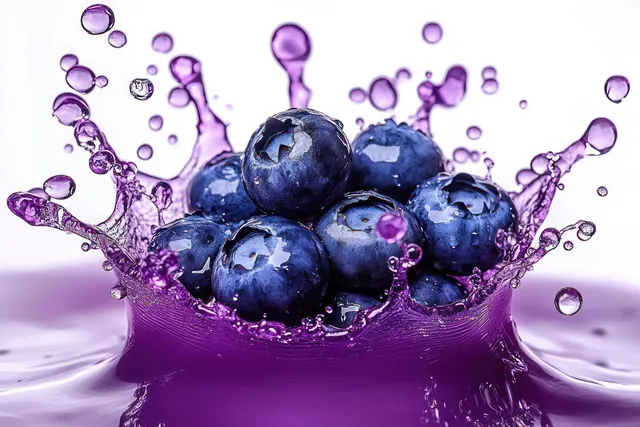 Blueberry juice splash with ripe berries, dramatic droplets, and crown wave on white backdrop