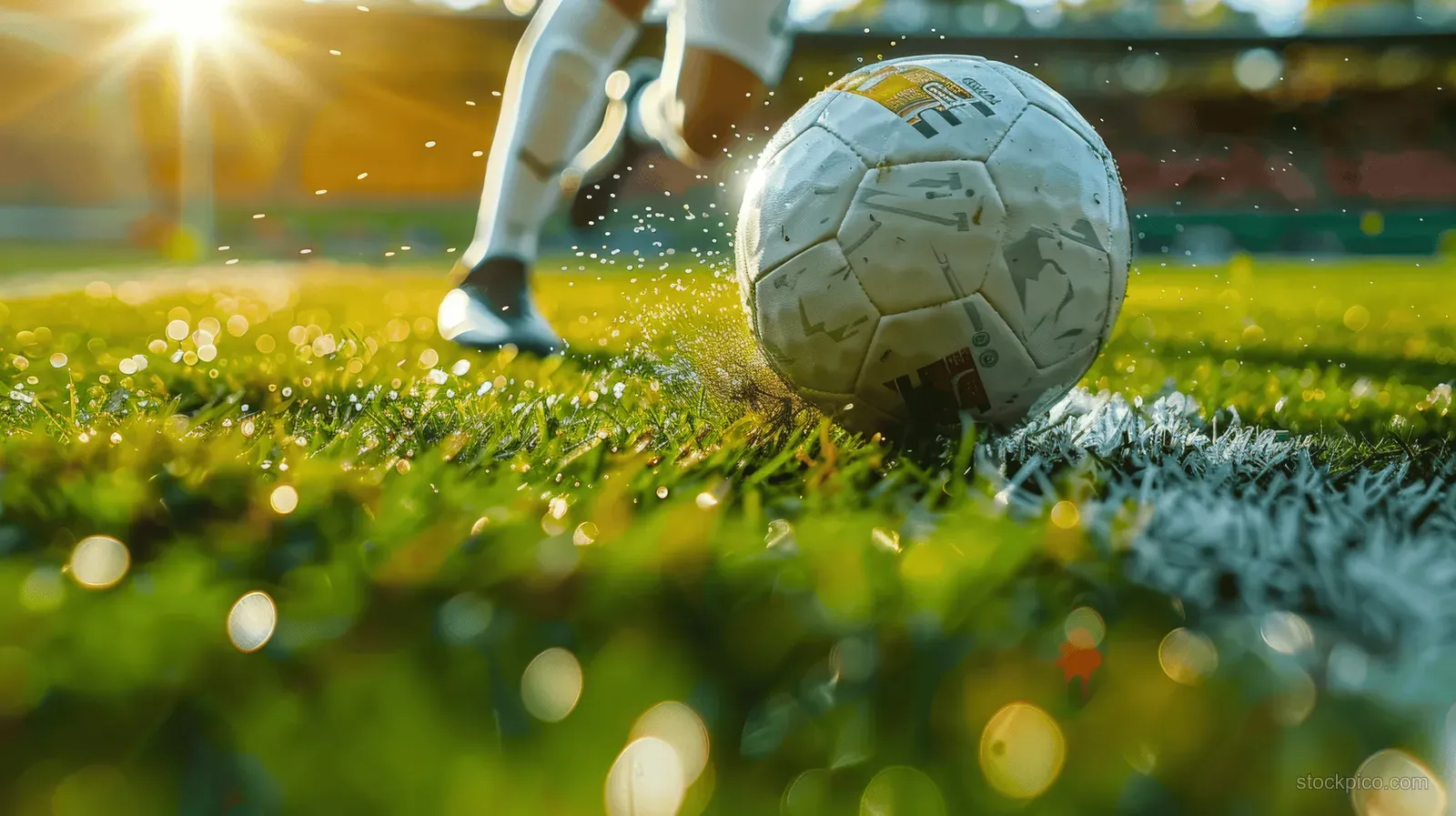 A soccer ball on green grass as a player’s shoe prepares to kick it, with sunny bokeh stadium lights behind.