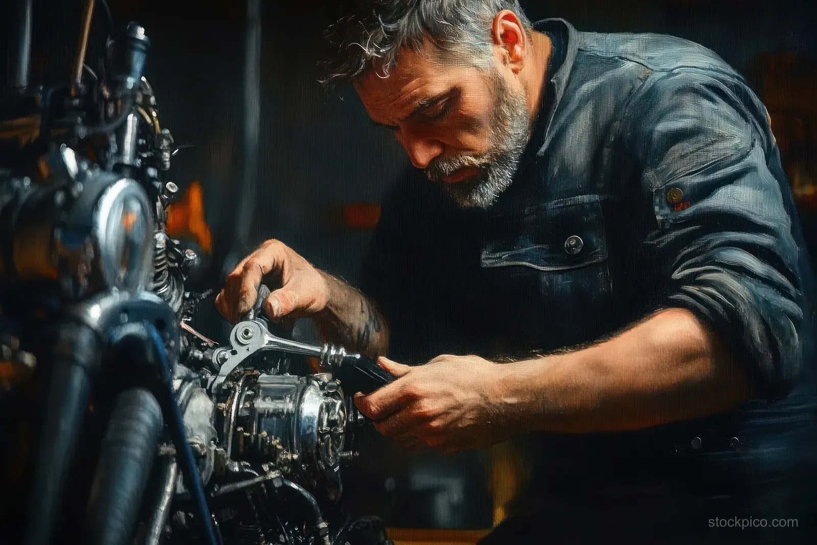 A gray-bearded mechanic tightens motorcycle engine parts in a dark workshop while holding tools.