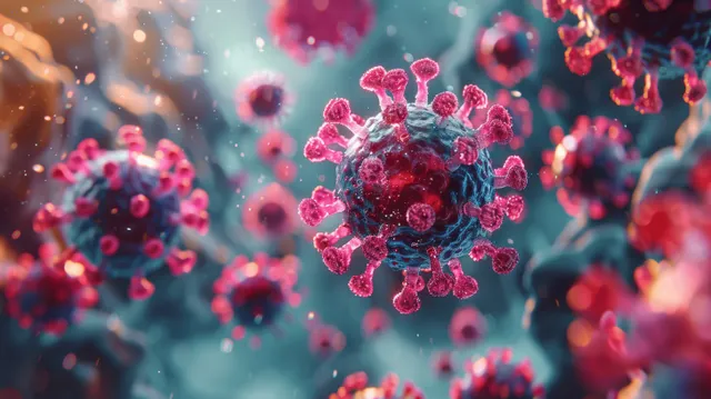 Red and blue virus particles on microscope slide with glowing immune cells