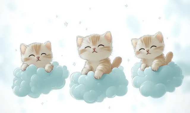 Three fluffy kittens smile while resting on soft blue cloud cushions with gentle sparkles above them.