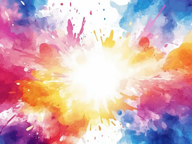 Watercolor paint splash forms a bright circular burst with pink, blue, yellow, and orange textured streaks.