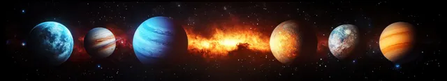 Eight colorful planets floating in a dark space panorama with glowing stars and nebula