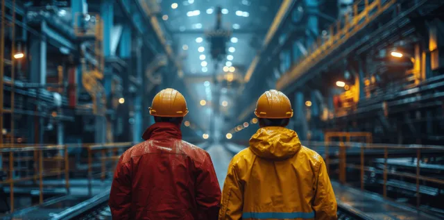 Two factory workers in hardhats collaborate inside a steel plant with glowing machinery