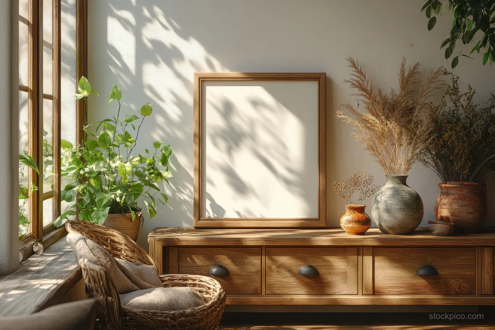 Blank picture frame on a wooden sideboard in a bright Scandinavian interior with plants and sunlit shadows.