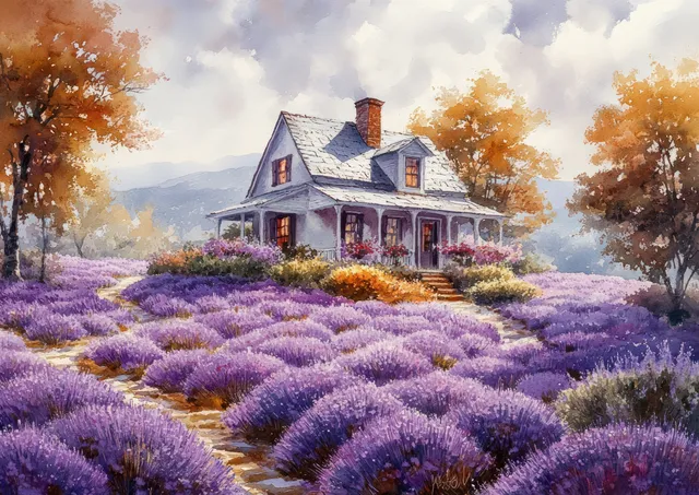 Cozy village house with red roof in blooming lavender field