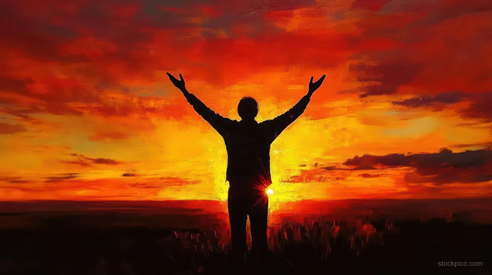 Silhouette of a person with arms raised facing an orange and red sunset over a dark horizon.