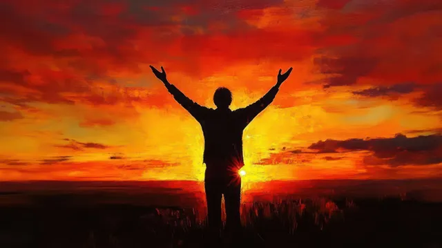 Silhouette with arms raised celebrating at vivid orange-red sunset over dark horizon