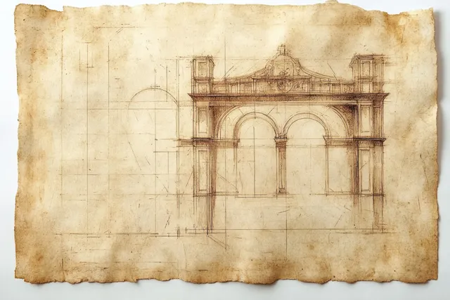 Hand-drawn sketch of a classical stone gateway with three arches and columns on aged parchment paper.