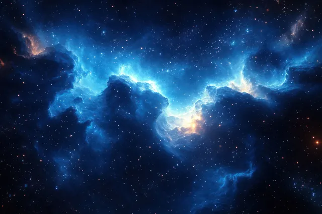 Glowing blue nebula with scattered stars across deep space, bright cores and dark dust clouds with Interstellar Medium