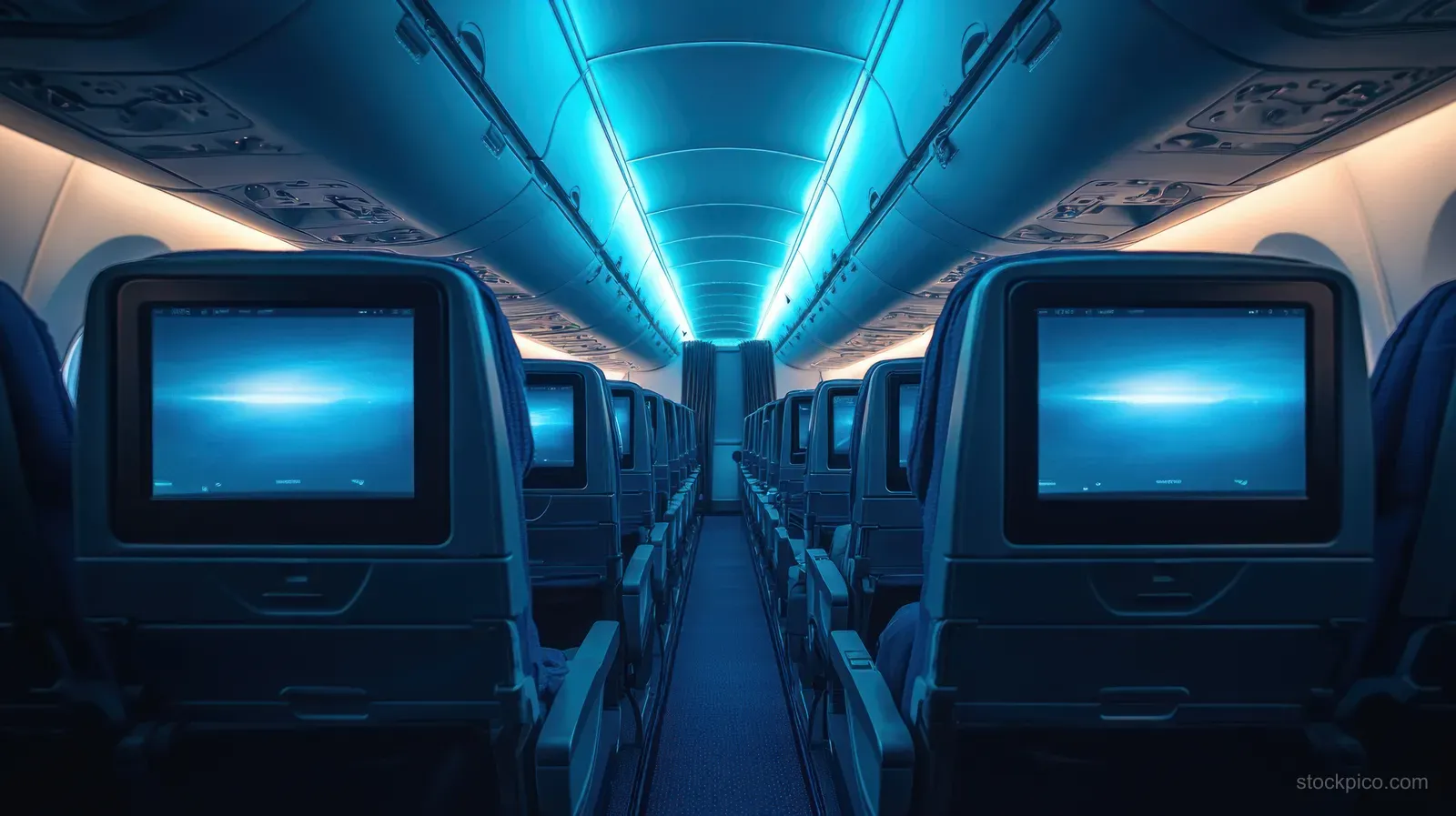 Airplane cabin aisle with glowing blank LCD seatback screens and rows of blue-lit seats.