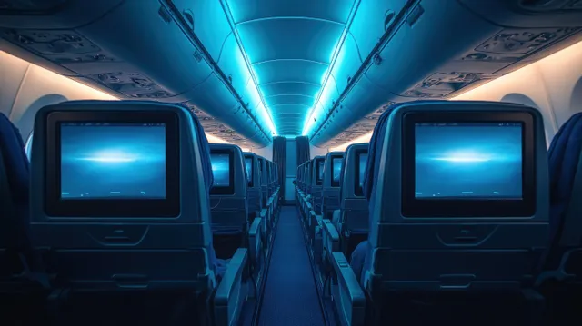 Airplane cabin aisle with glowing blank LCD seatback screens and rows of blue-lit seats.