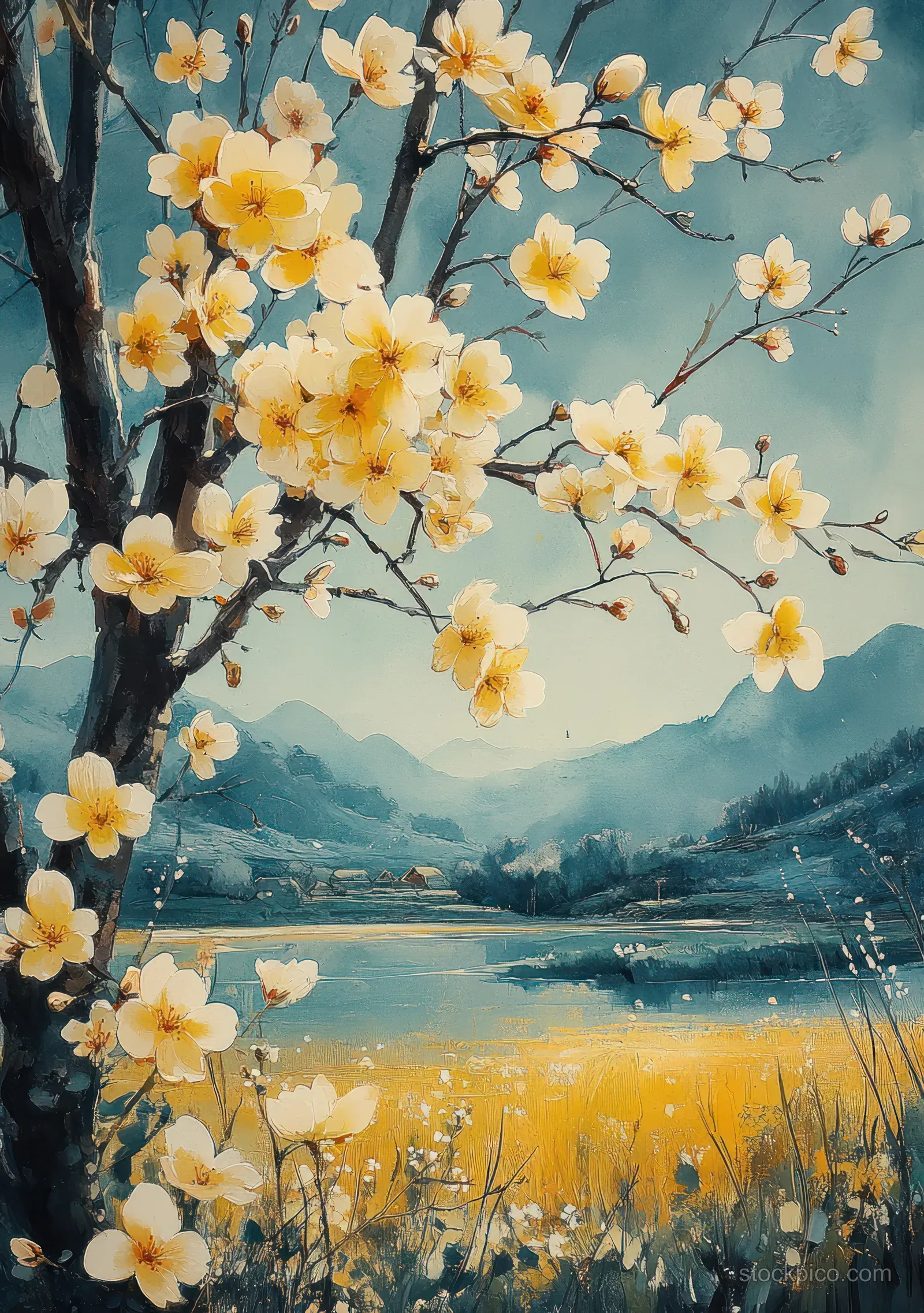 Cherry blossom branches frame a peaceful rural valley with yellow fields and blue misty mountains in watercolor style.