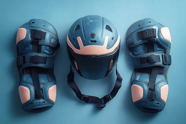 A blue helmet and matching knee pads with pink accents are arranged on a solid blue background.