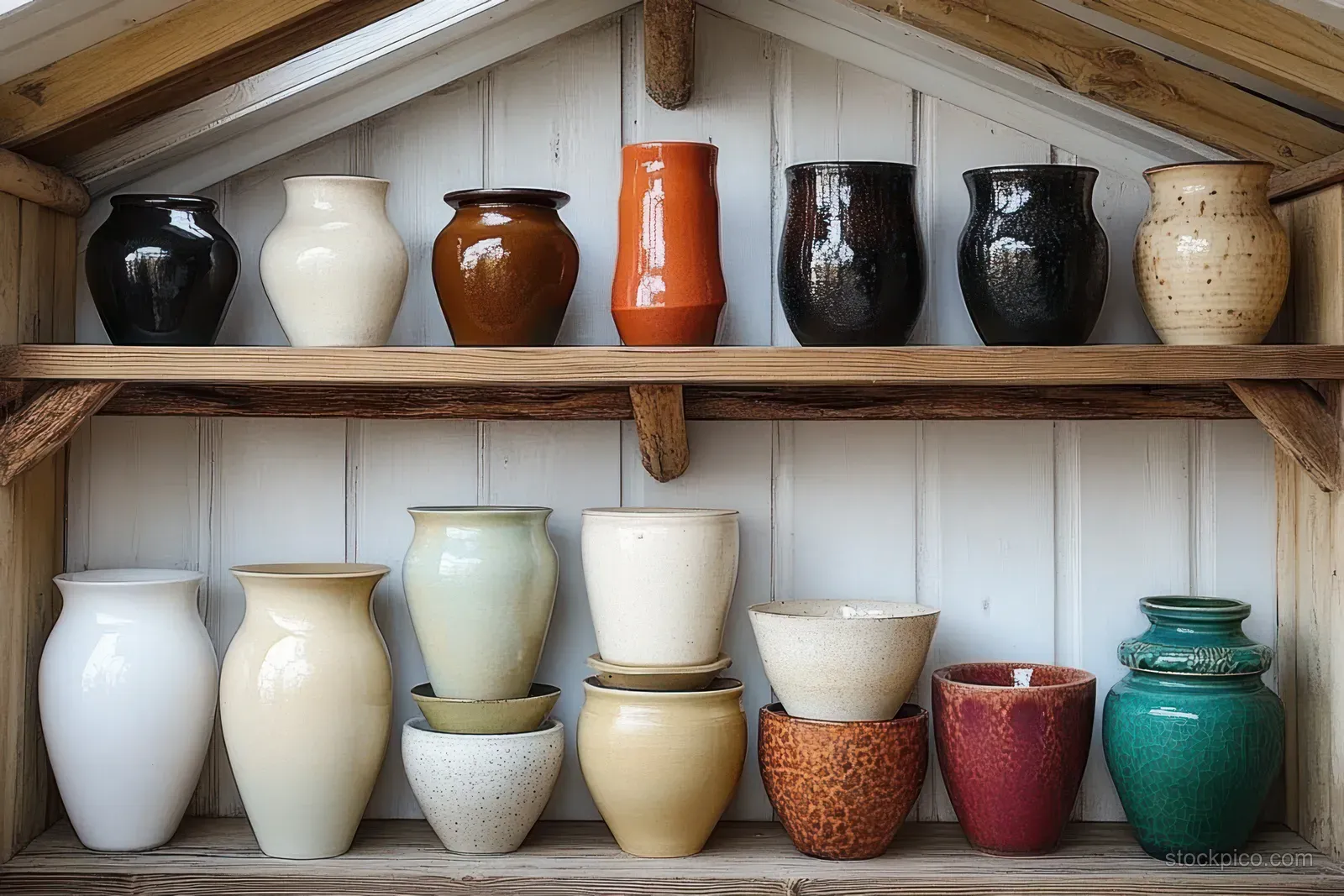 Ceramic pots and vases in earthy colors sit on wooden shelves against a white paneled wall under a slanted wooden ceiling.