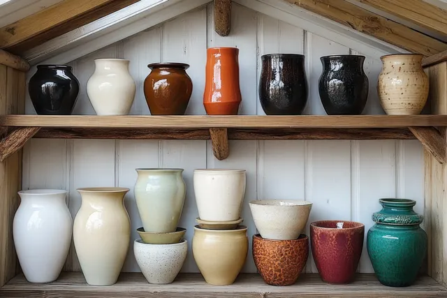 Ceramic pots and vases in earthy colors sit on wooden shelves against a white paneled wall under a slanted wooden ceiling.