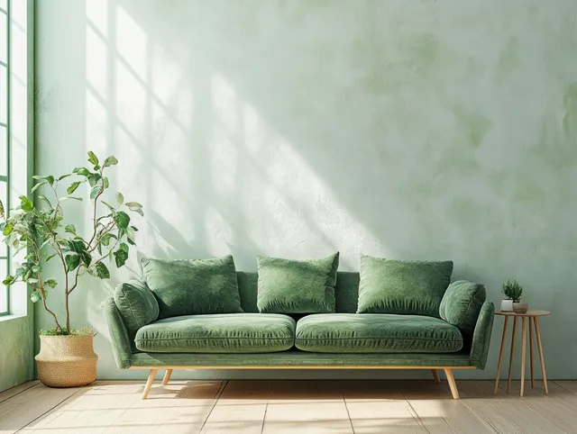 Green velvet sofa against a pale wall with window light, potted plants, and small wooden side tables in a minimalist living room.