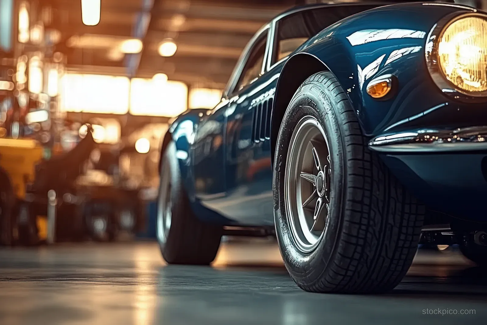 Vintage blue sports car front tire and fender in a warmly lit garage with blurred workshop tools behind.