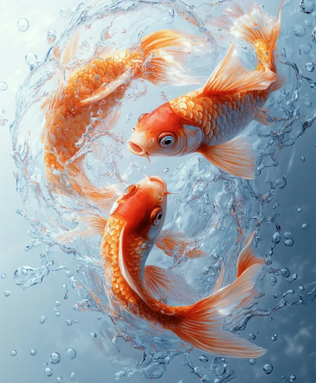 Goldfish and koi swim through a circular water splash of bubbles on a white background.