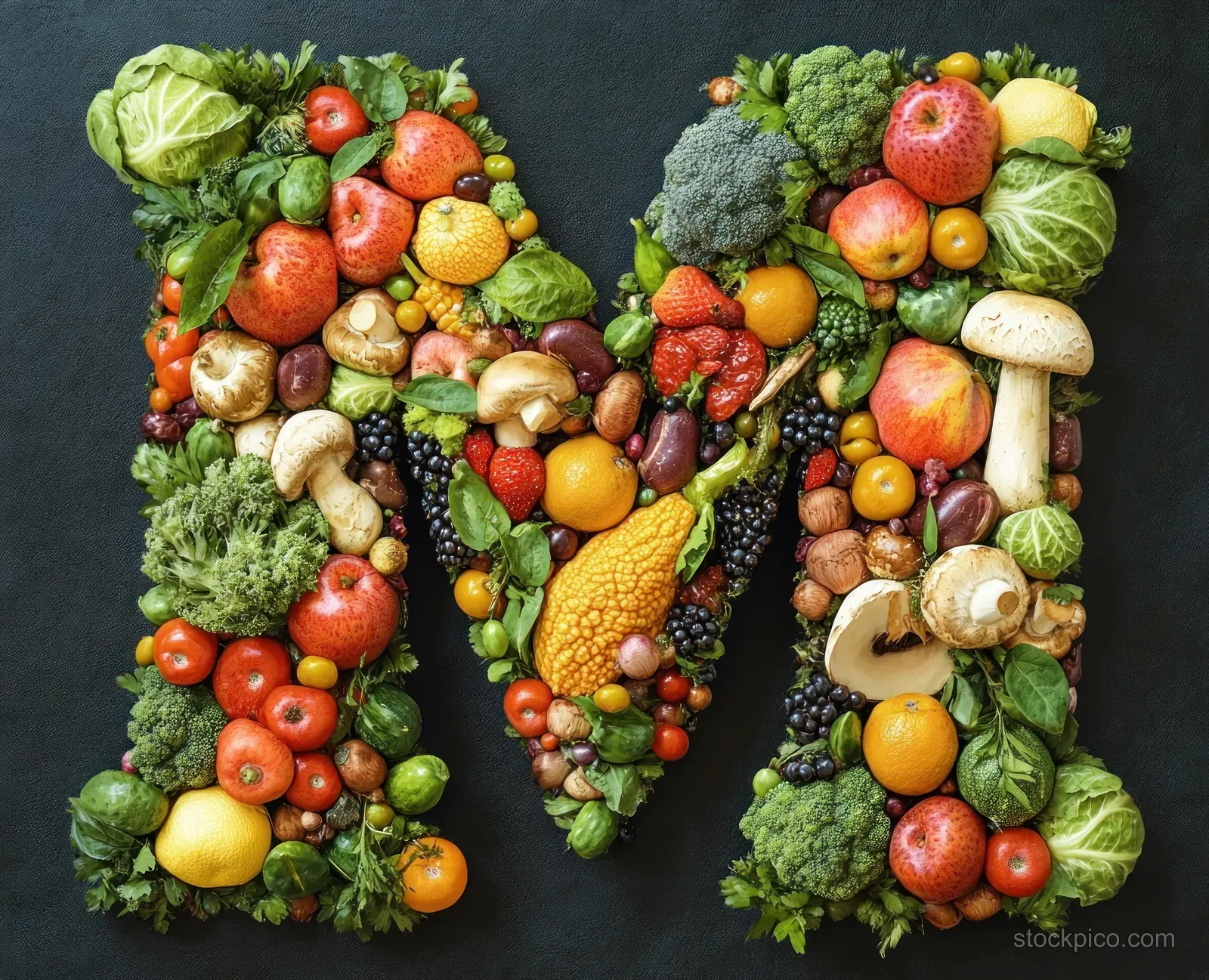 Fresh fruits, vegetables, and mushrooms form a large letter M on a dark background.