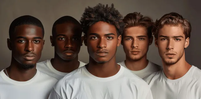 Five diverse male models pose shoulder to shoulder in white t-shirts against a neutral grey studio background.