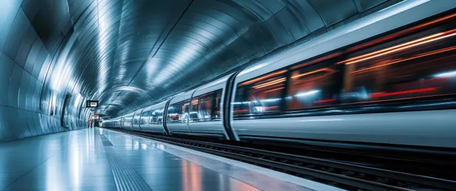 An underground metro train speeds through a curved metallic tunnel, reflecting on a glossy floor with orange light streaks.