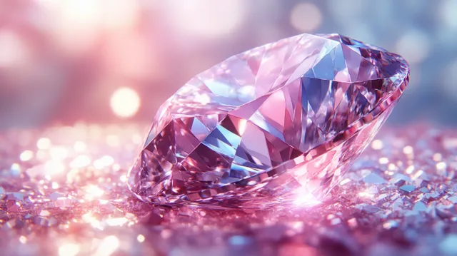 A faceted pink and blue crystal gem glows on a glittering gradient background.