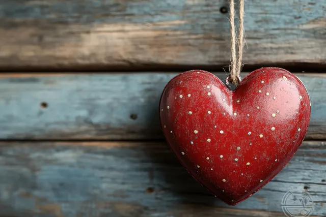 Red heart-shaped vintage thank-you decoration hanging on a string against weathered blue wooden boards.