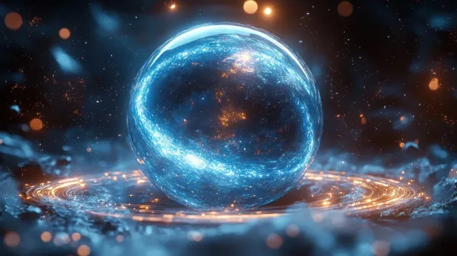 A glowing blue sphere hovers above swirling light rings as sparkling particles drift in a dark cosmic setting.