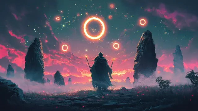 Ancient sorcerer casts glowing spell circles amid floating rocks under twilight skies