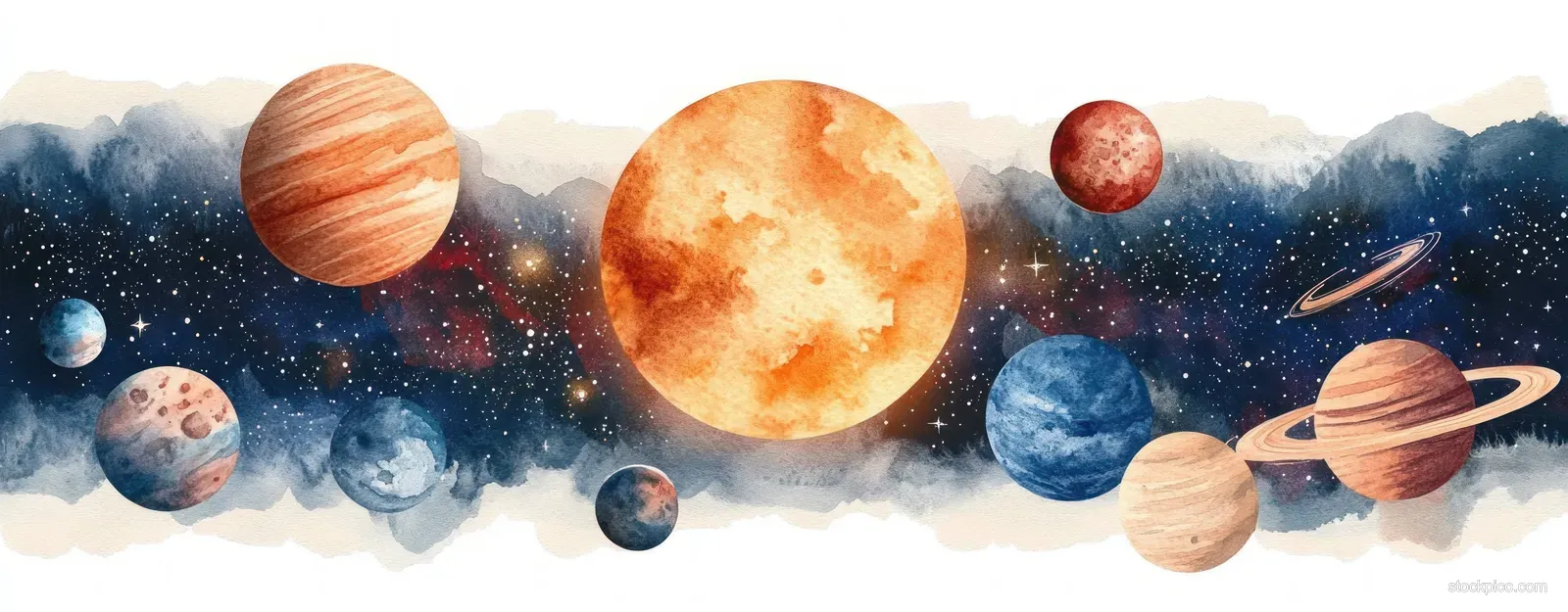 Watercolor-style planets and moons float in a starry galaxy sky with soft textured space clouds.