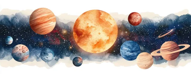 Watercolor-style planets and moons float in a starry galaxy sky with soft textured space clouds.