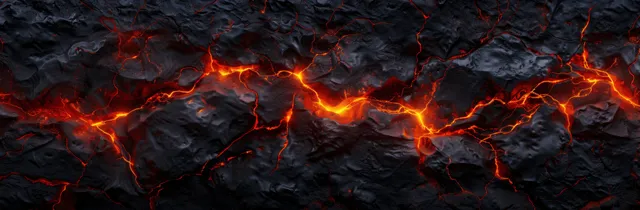 Molten lava glows through dark scorched rock with fiery embers and smoky atmospheric light across a wide banner.