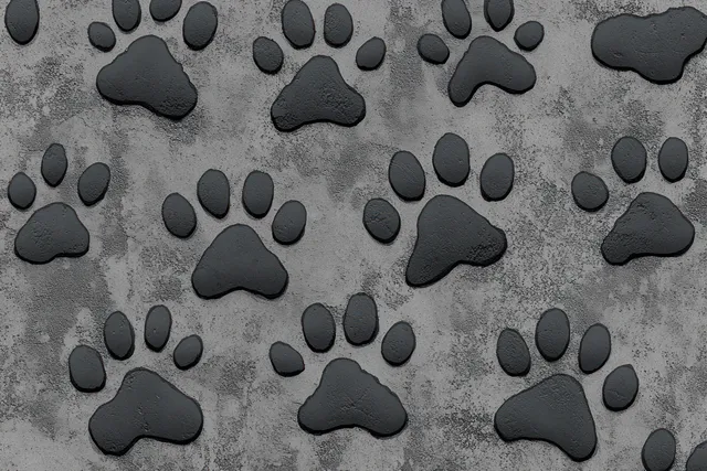 Black paw prints repeat across a rough gray concrete texture in a seamless pattern.