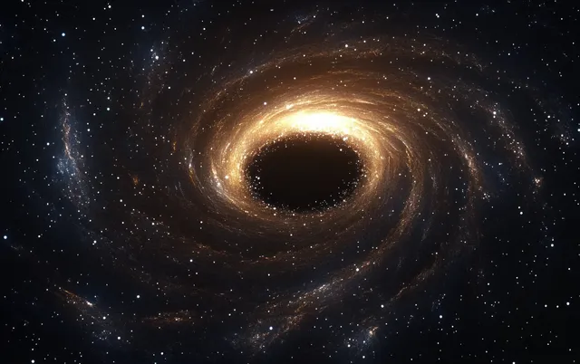 Surreal black hole in deep space with swirling galaxies and golden ring light