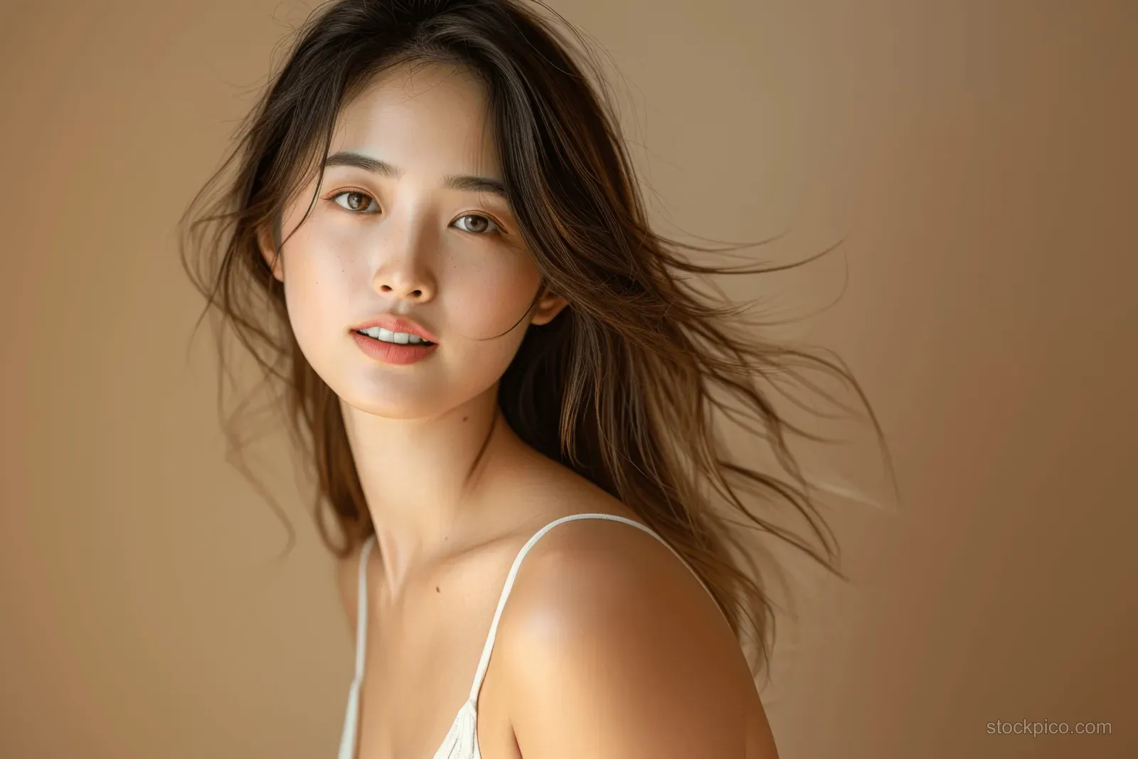Asian woman in a white tank top poses against a beige background with hair flowing in the air.