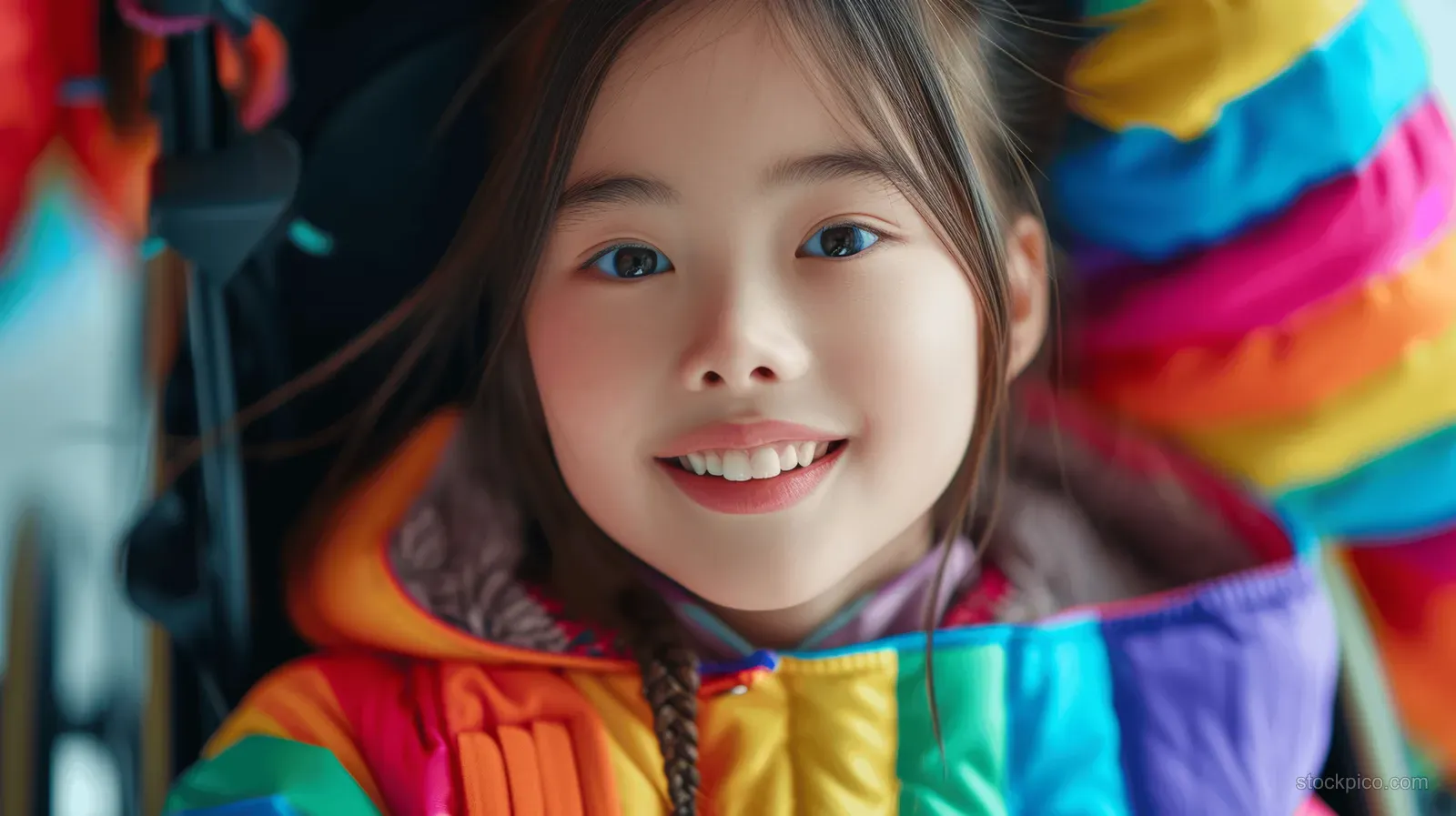 Smiling young Asian girl seated in a colorful wheelchair with rainbow Pride decorations behind her.