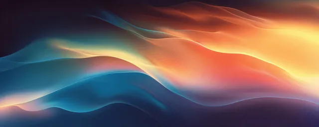 Grainy abstract gradient background with glowing wave-like curves in blue, orange, and yellow over dark tones.