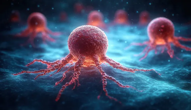 Red cancer cells with branching filaments float in a soft blue microscopic field.
