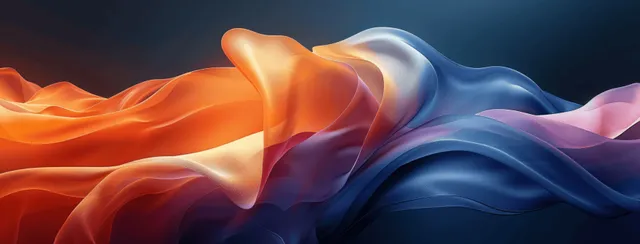 Vibrant abstract gradient background with blue, orange, and yellow waves, featuring dark curves and a grainy texture.