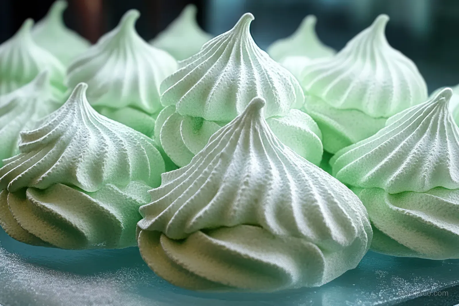 Green pistachio meringue cookies with piped ridged peaks arranged on a teal plate.