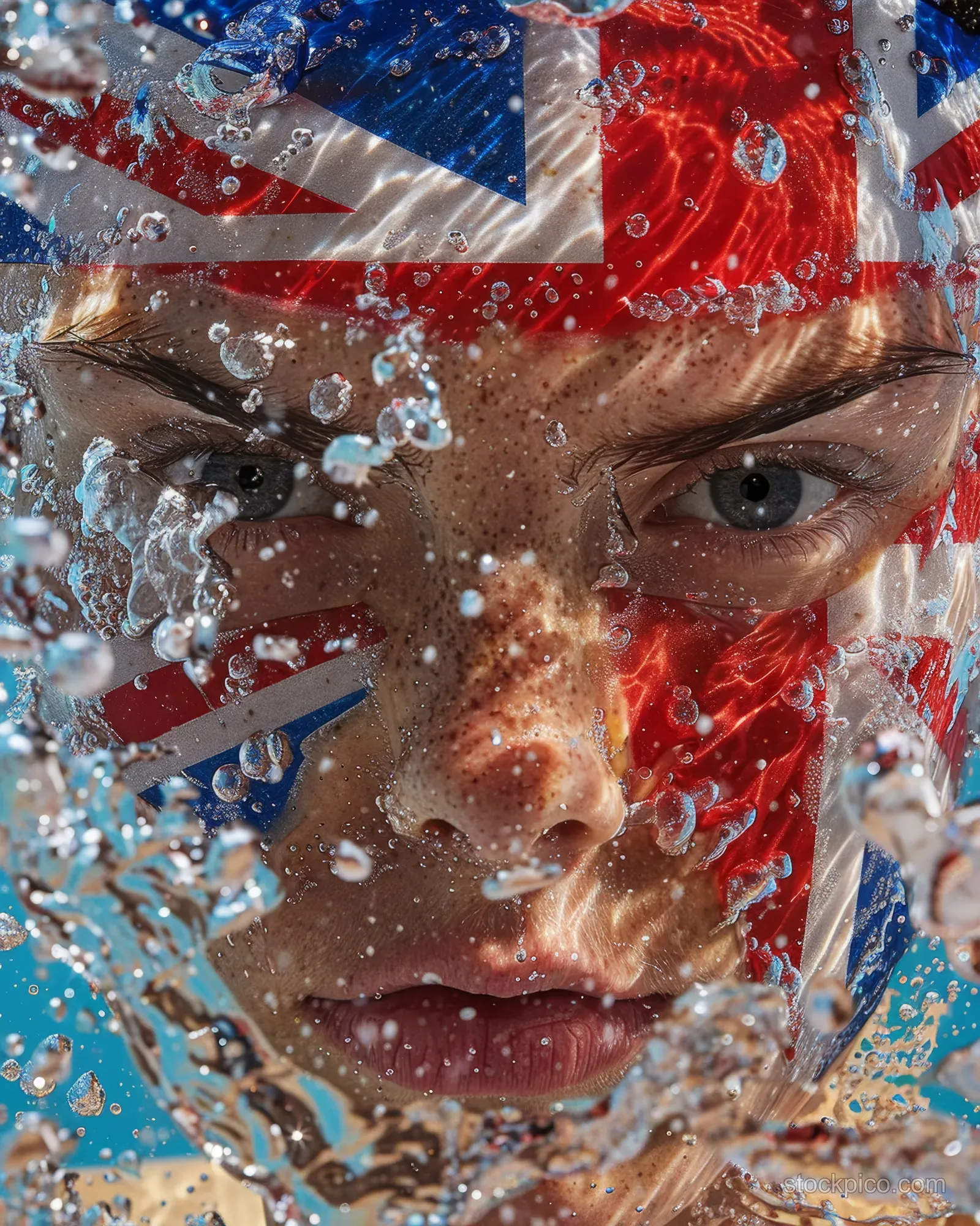 British female swimmer’s determined face fills the frame with water splashing around her goggles before a butterfly race.