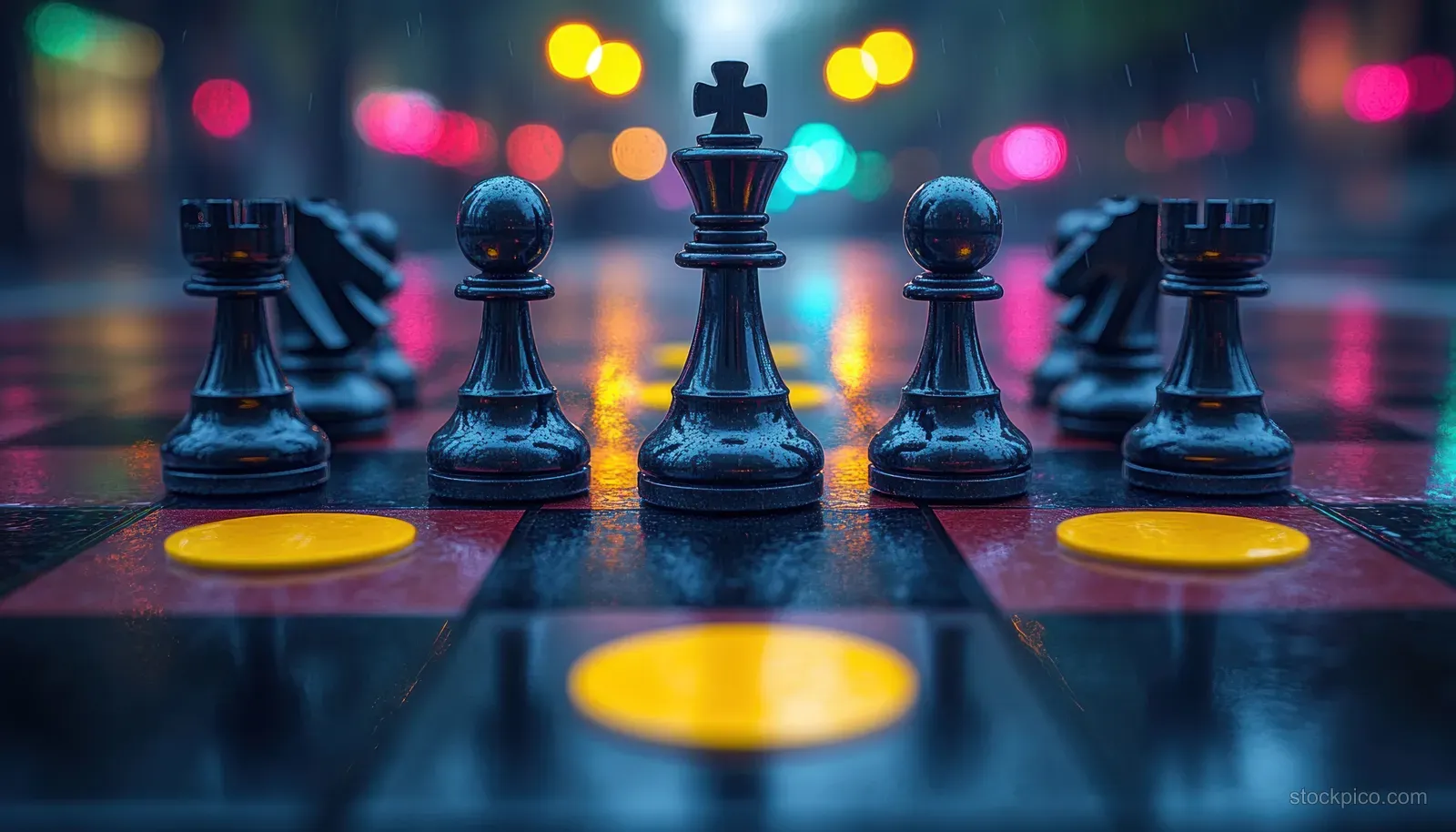 Black chess pawns sit on a board marked with yellow, green, and red distance risk indicators.