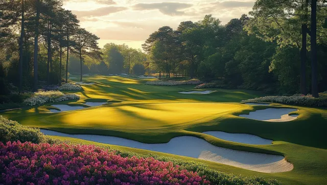 Sunlit golf fairway and putting green bordered by sand bunkers, trees, and blooming bushes in the morning.