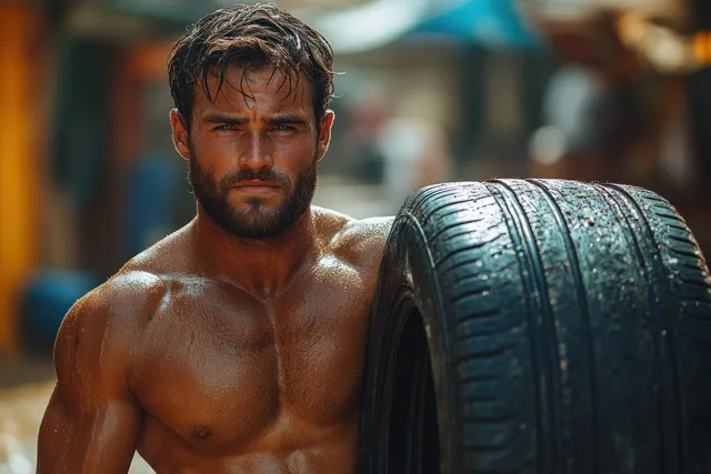 A muscular man performs a tire flip outdoors, showcasing strength and athletic conditioning in a dynamic exercise setting.