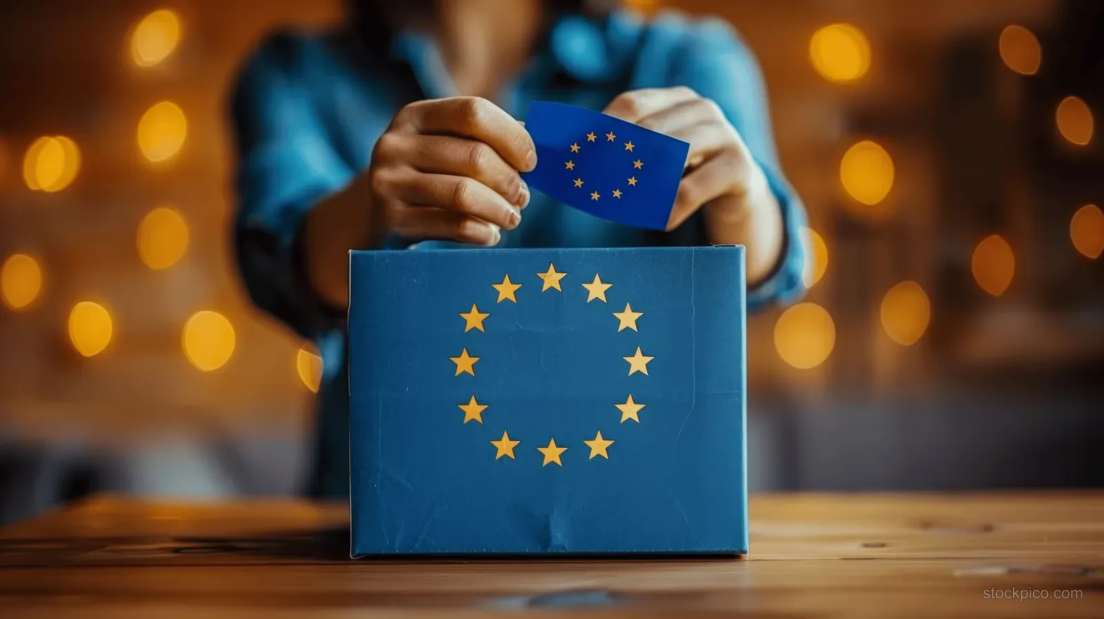 A woman places an EU flag marked ballot into a blue ballot box on a studio table.